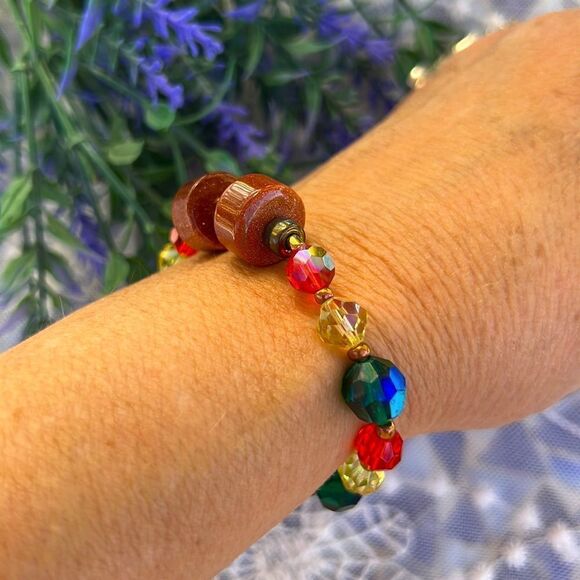 Colorful Beaded Stretch Bracelet with Goldstone - Picture 9 of 9